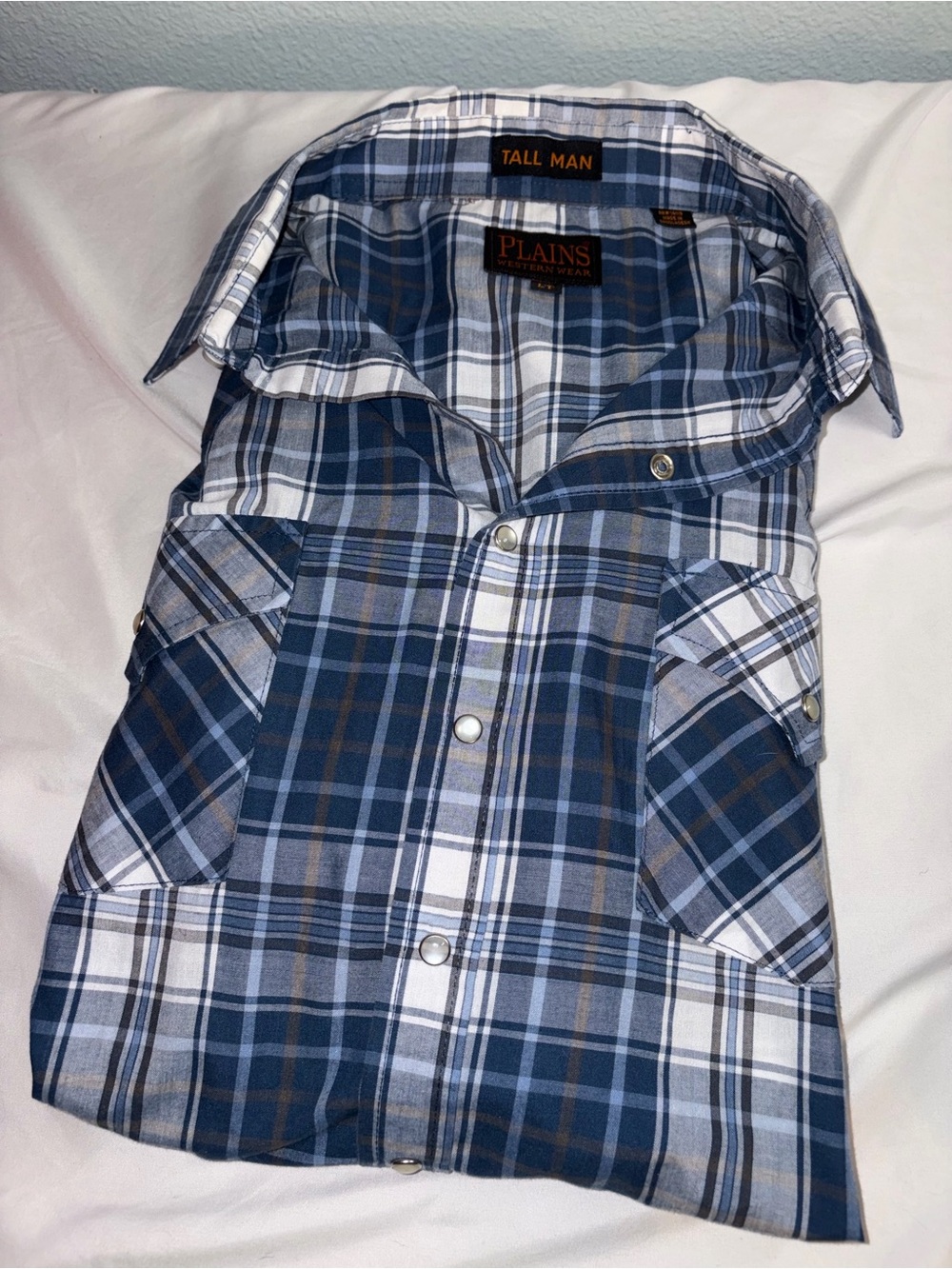 Tall Man Blue Plaid Button-Down western Shirt pearl snap   Long sleeve